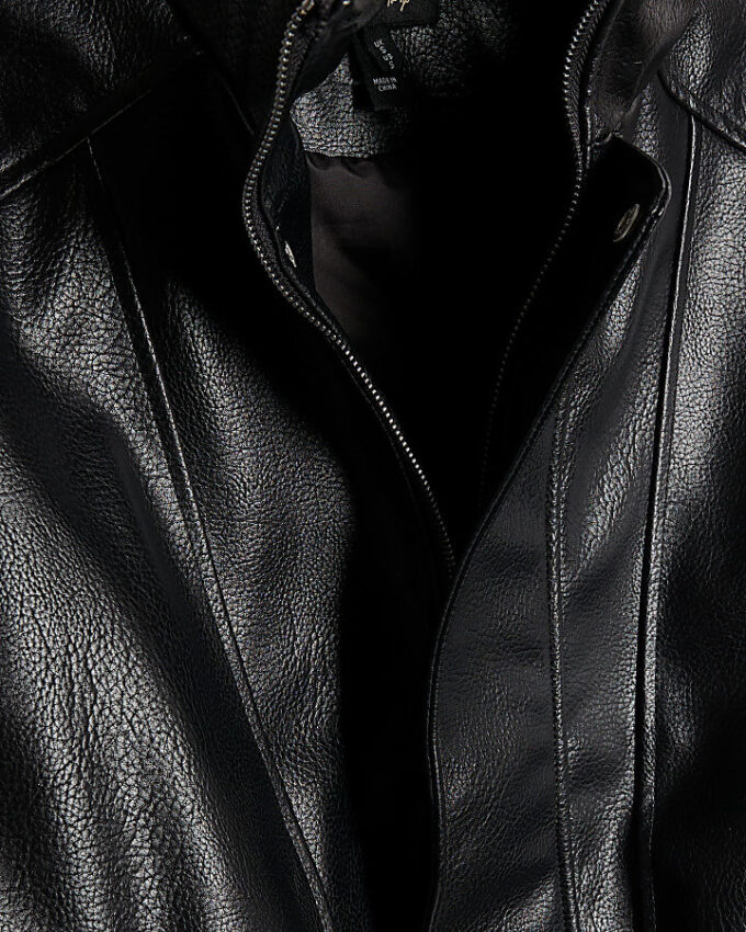 Black Faux Leather Funnel Neck Biker Jacket Black Faux Leather Funnel Neck Biker Jacket
