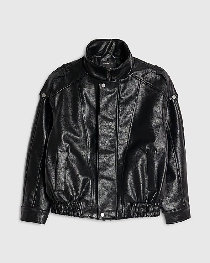 Black Faux Leather Funnel Neck Biker Jacket Black Faux Leather Funnel Neck Biker Jacket