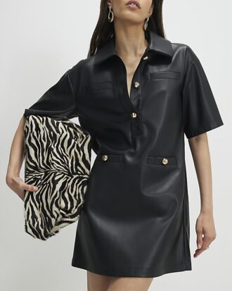 Black Faux Leather Pocket Detail Shirt Dress