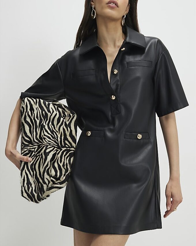 Black Faux Leather Pocket Detail Shirt Dress