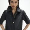 Black Faux Leather Pocket Detail Shirt Dress