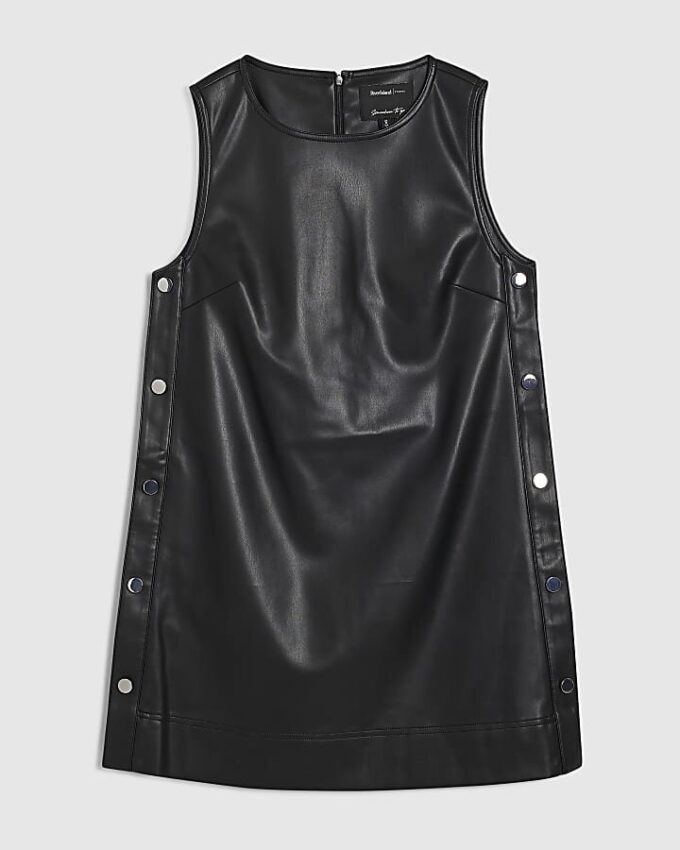 Black Faux Leather Popper Side Shift Dress