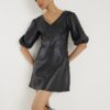 Black Faux Leather Puff Sleeve Mini Dress
