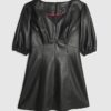Black Faux Leather Puff Sleeve Mini Dress