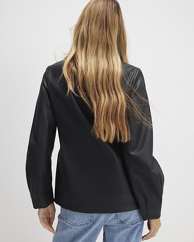 Black Faux Leather Sculpted Blazer
