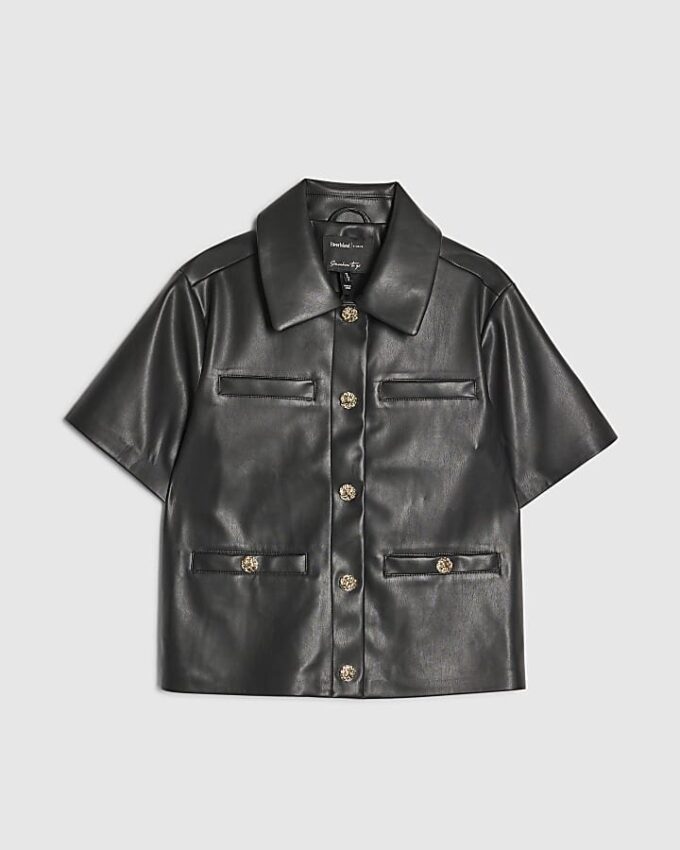Black Faux Leather Short Sleeve Shirt
