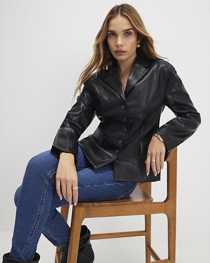Black Fitted Faux Leather Blazer