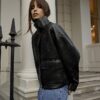 Black Funnel Neck Faux Leather Bomber Jacket