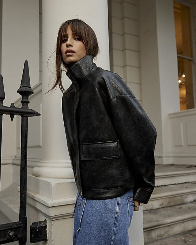 Black Funnel Neck Faux Leather Bomber Jacket