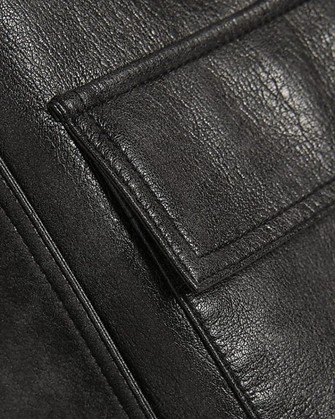 Black Funnel Neck Faux Leather Bomber Jacket