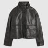Black Funnel Neck Faux Leather Bomber Jacket