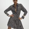 Black Geometric Long Sleeve Mini Shirt Dress