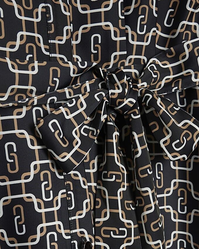 Black Geometric Long Sleeve Mini Shirt Dress