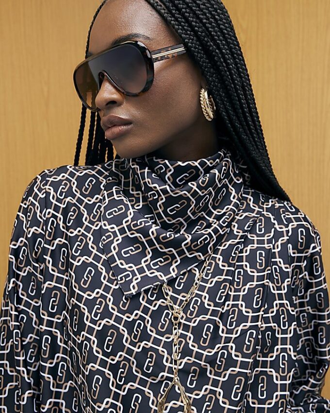 Black Geometric Print Scarf Shirt