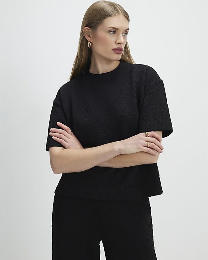 Black Jacquard Short Sleeve Boxy T-shirt