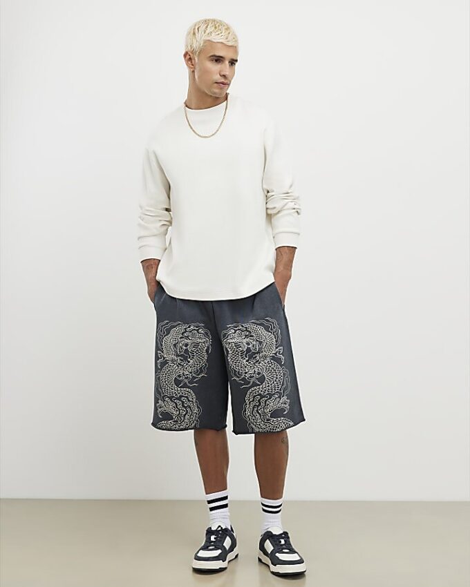 Black Jort Embroidered Japanese Dragon Shorts
