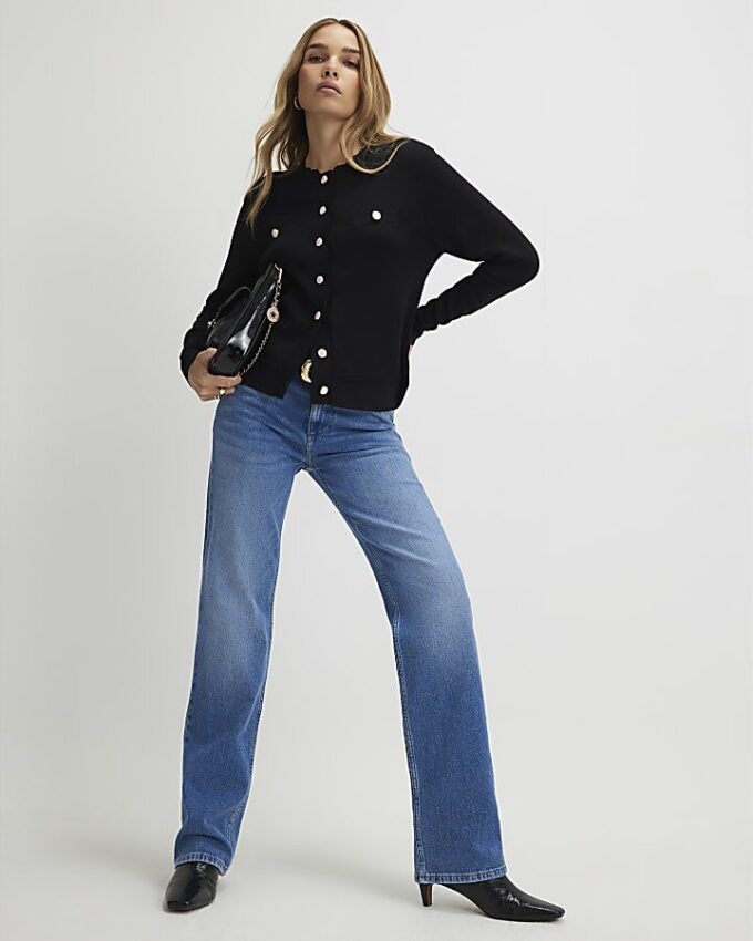 Black Knit Fitted Scallop Trim Cardigan