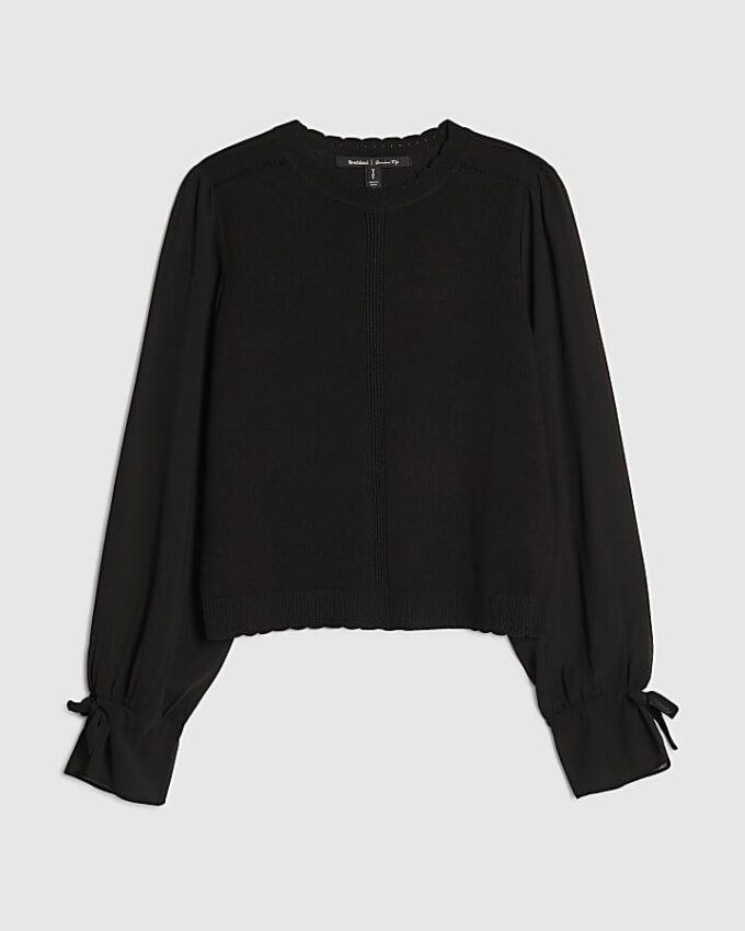 Black Knitted Long Chiffon Sleeve Top