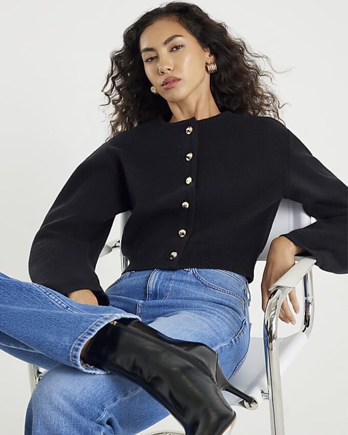 Black Knitted Structured Sleeve Cardigan