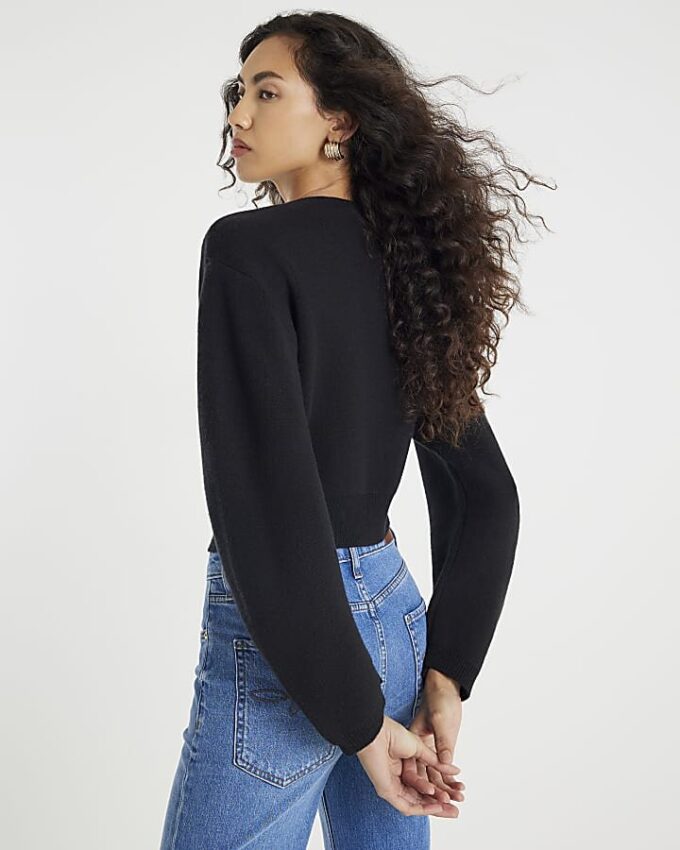 Black Knitted Structured Sleeve Cardigan