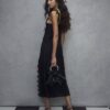 Black Lace Trim Pinstripe Midi Dress