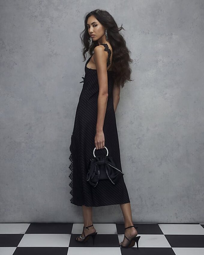 Black Lace Trim Pinstripe Midi Dress