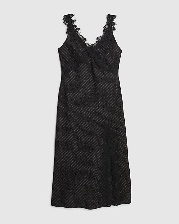 Black Lace Trim Pinstripe Midi Dress