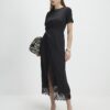 Black Lace Trim Side Twist Midi Dress