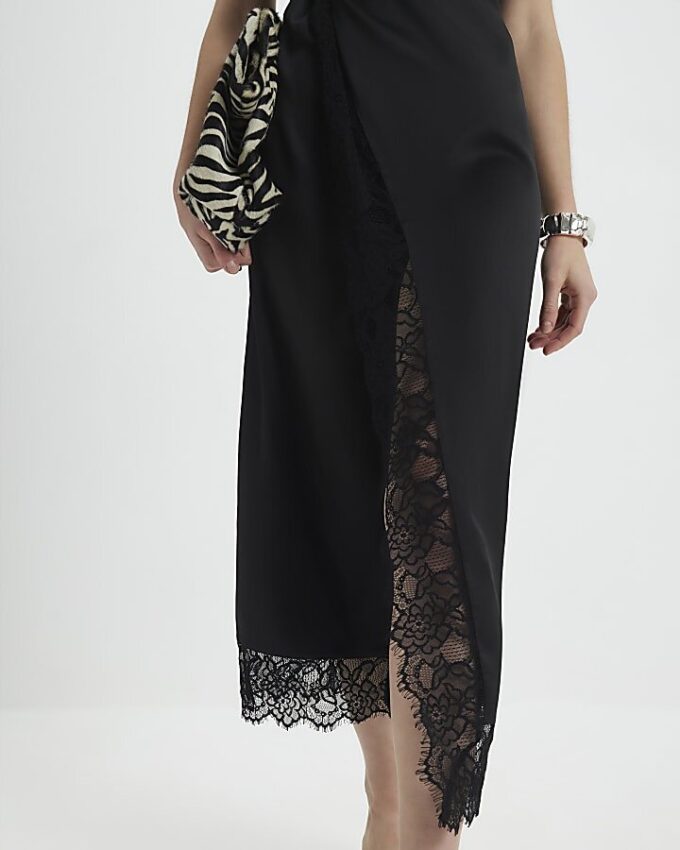 Black Lace Trim Side Twist Midi Dress