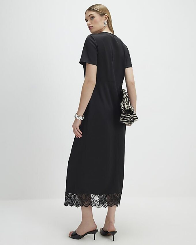 Black Lace Trim Side Twist Midi Dress