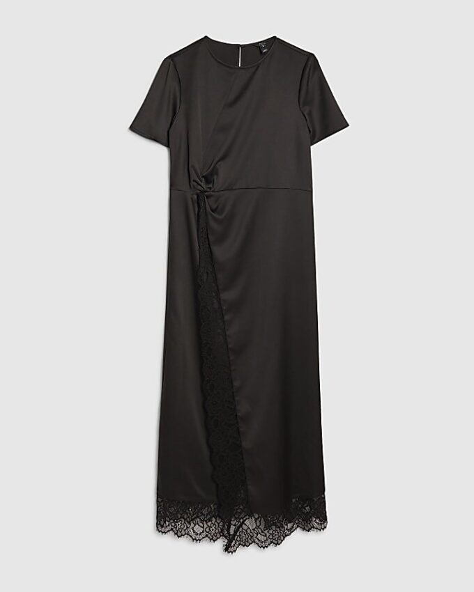 Black Lace Trim Side Twist Midi Dress