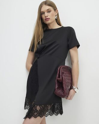 Black Lace Trim Side Twist Mini Dress