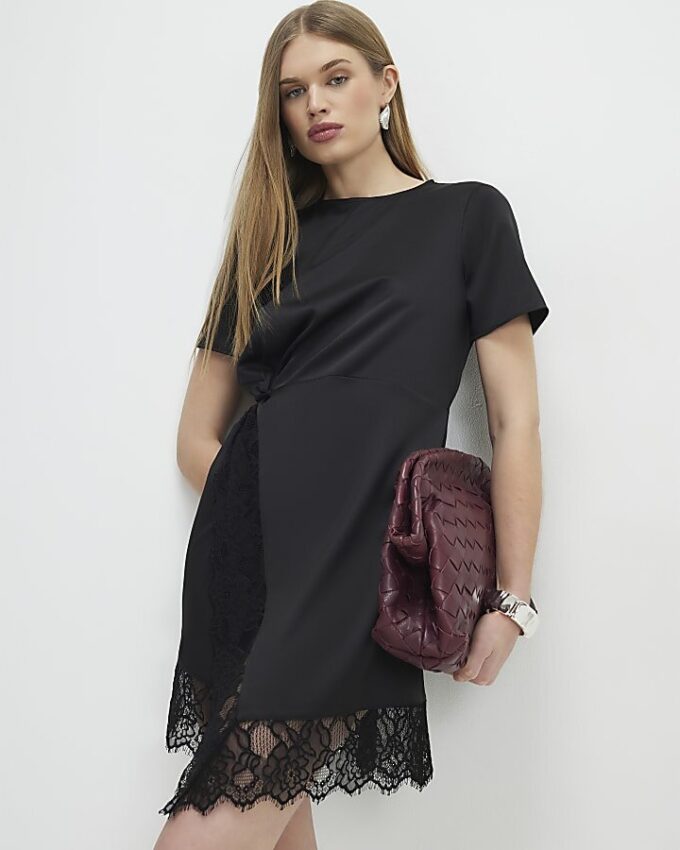 Black Lace Trim Side Twist Mini Dress