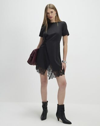 Black Lace Trim Side Twist Mini Dress