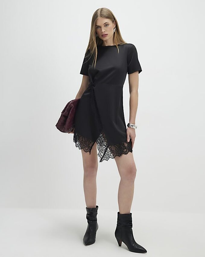 Black Lace Trim Side Twist Mini Dress