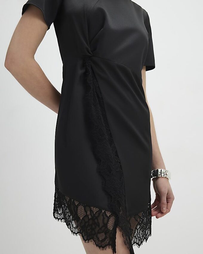 Black Lace Trim Side Twist Mini Dress
