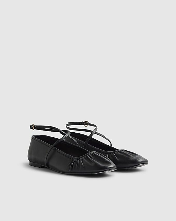 Black Leather Ankle Strap Ballet Pumps