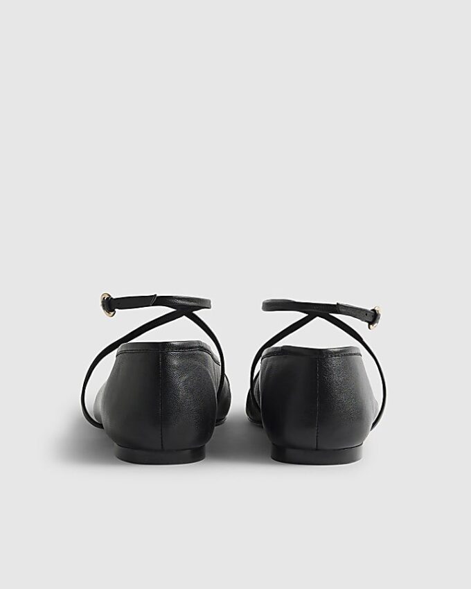 Black Leather Ankle Strap Ballet Pumps