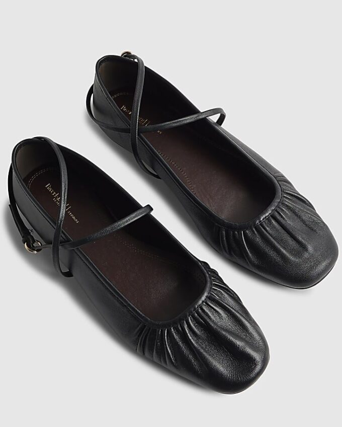 Black Leather Ankle Strap Ballet Pumps