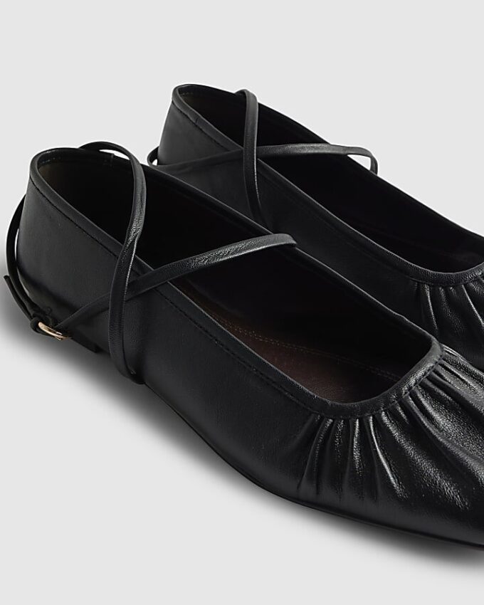Black Leather Ankle Strap Ballet Pumps