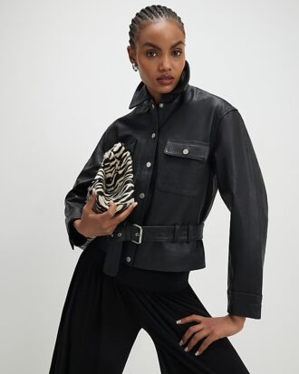 Black Leather Belted Long Sleeve Shirt