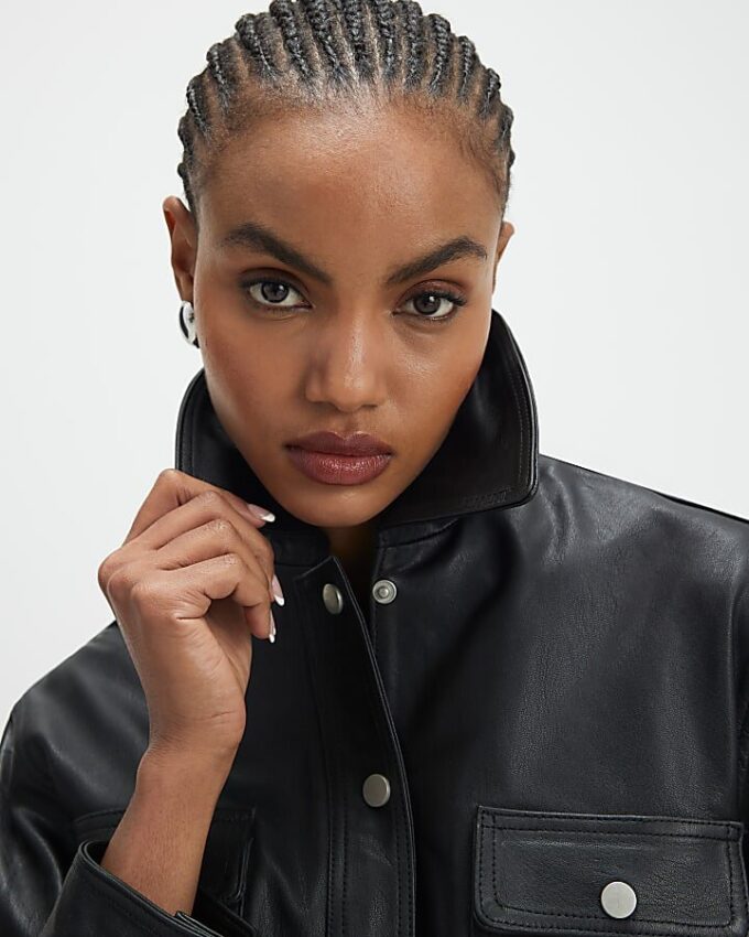 Black Leather Belted Long Sleeve Shirt