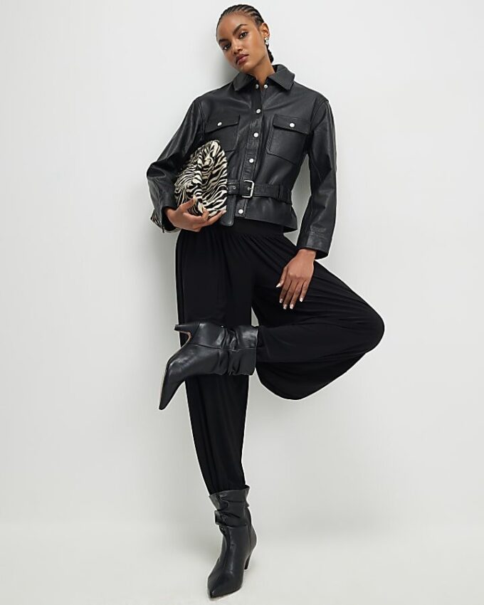 Black Leather Belted Long Sleeve Shirt