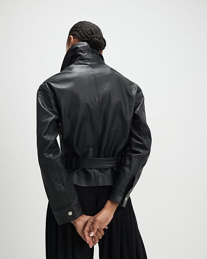 Black Leather Belted Long Sleeve Shirt