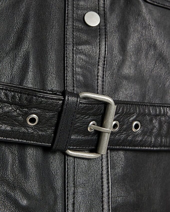 Black Leather Belted Long Sleeve Shirt