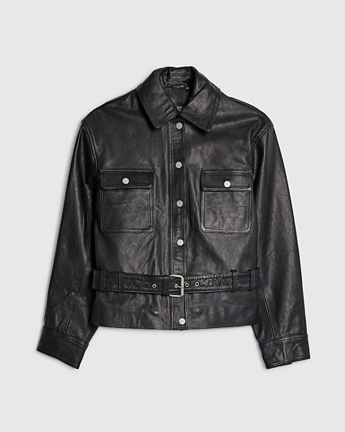 Black Leather Belted Long Sleeve Shirt