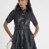 Black Leather Belted Shirt Dress