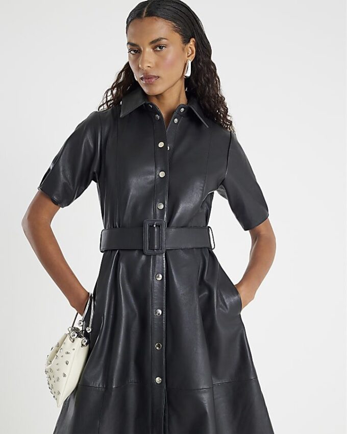 Black Leather Belted Shirt Dress
