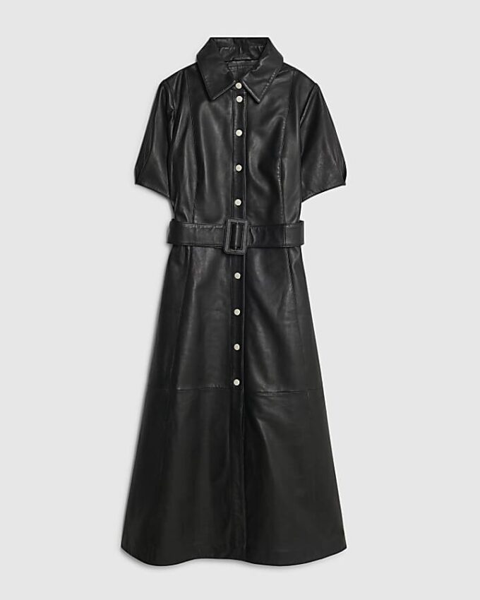 Black Leather Belted Shirt Dress