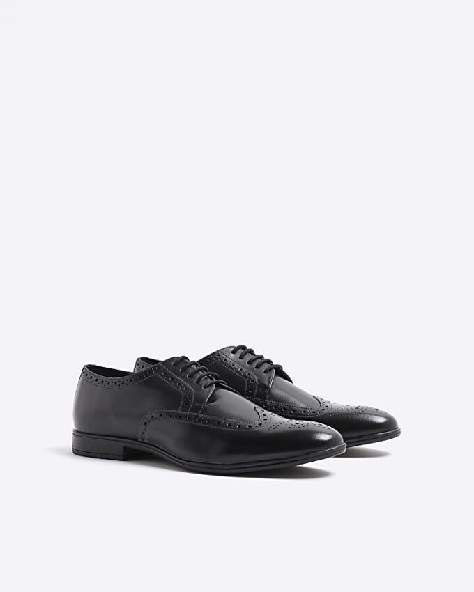 Black Leather Derby Brogue Shoes